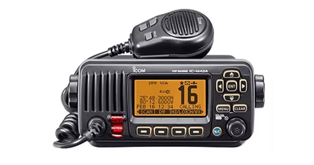 Fixed marine VHF radio with microphone used for marine communications training