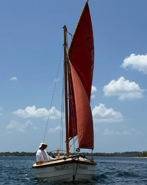 Bow view of Mandolin traditional Post Boat sailing in Krabi, Thailand