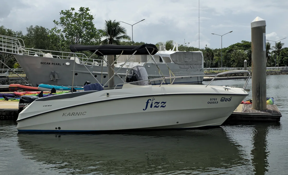 Karnic powerboat named Fizz moored at a marina for Java Yachting RIB and powerboat training