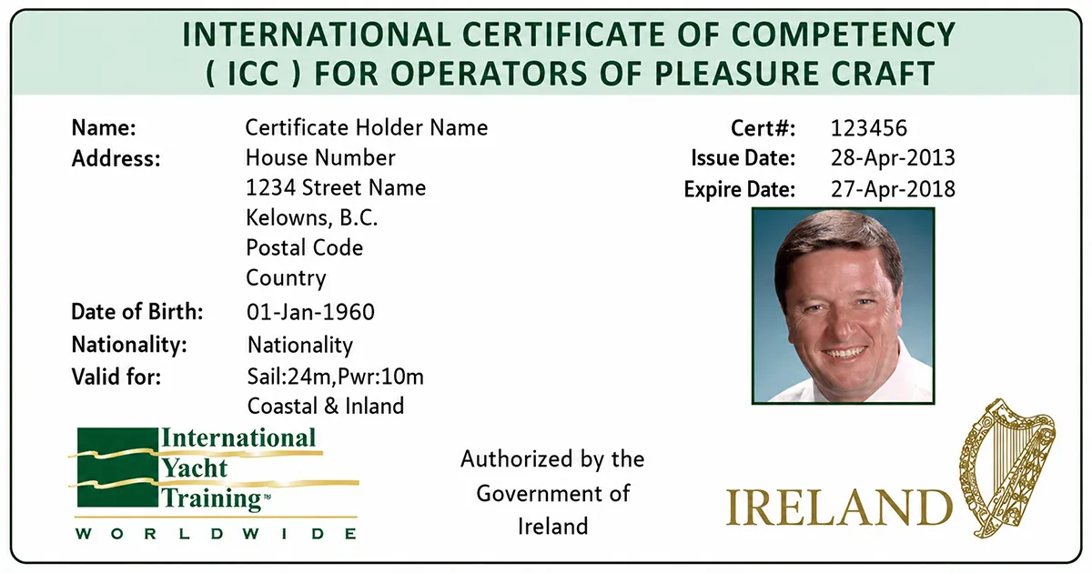 Example International Certificate of Competency for operators of pleasure craft through International Yacht Training