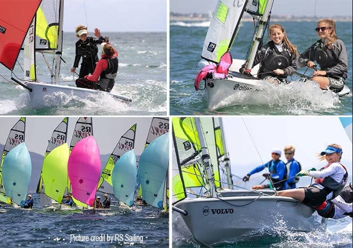 Collage showing RS Feva dinghy sailors training and racing in double-handed sailing boats.