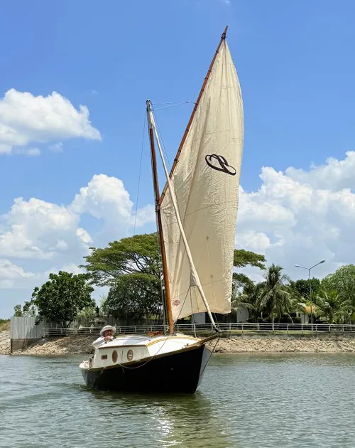 Front view of Stornaway 18 traditional sailing boat in the waters of Krabi, Thailand